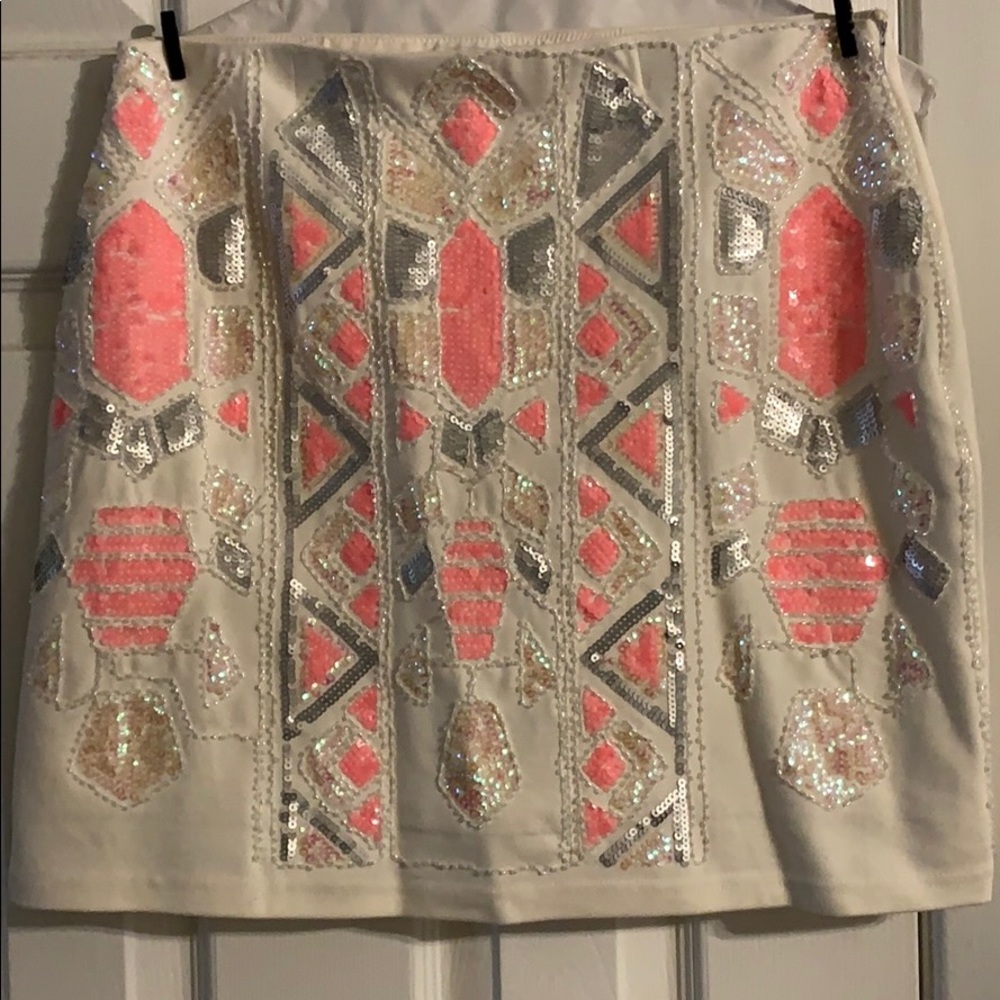 Pink, white, sequin & beaded detailed mini skirt.